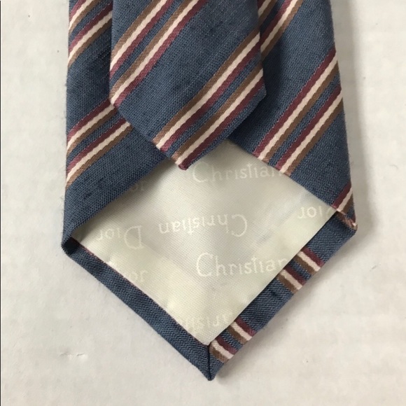 DIOR Tie Denim Blue Rose Tan Cream Skinny Striped - Picture 3 of 11